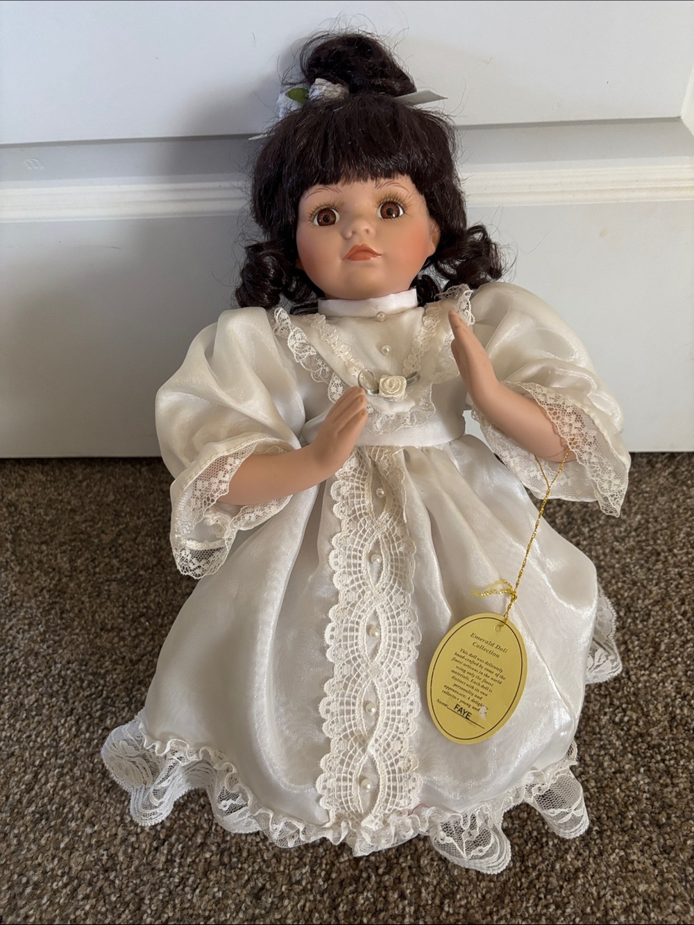 Porcelain-Style Collectible Doll in Cream Lace Dress